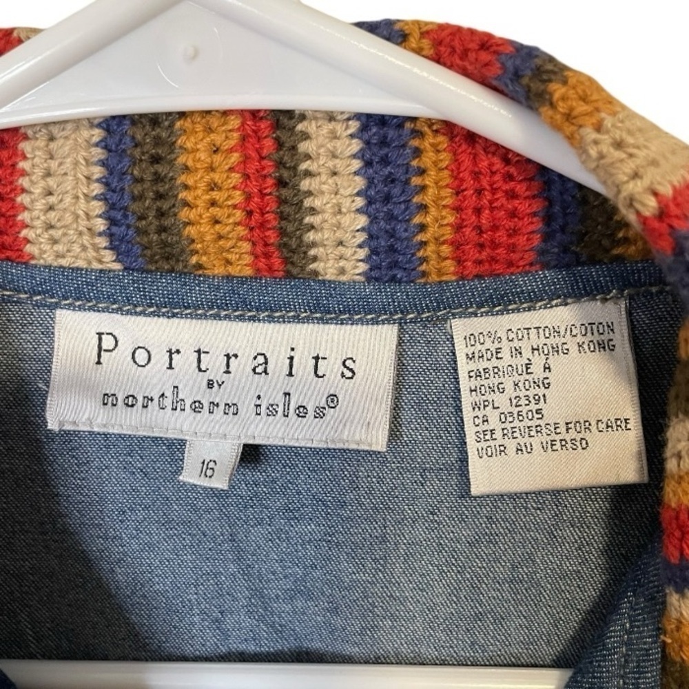 1980s HIPSTER Denim Jean Jacket Blouse Colorful Embroidered Collar Denim Size 18 - Picture 6 of 6